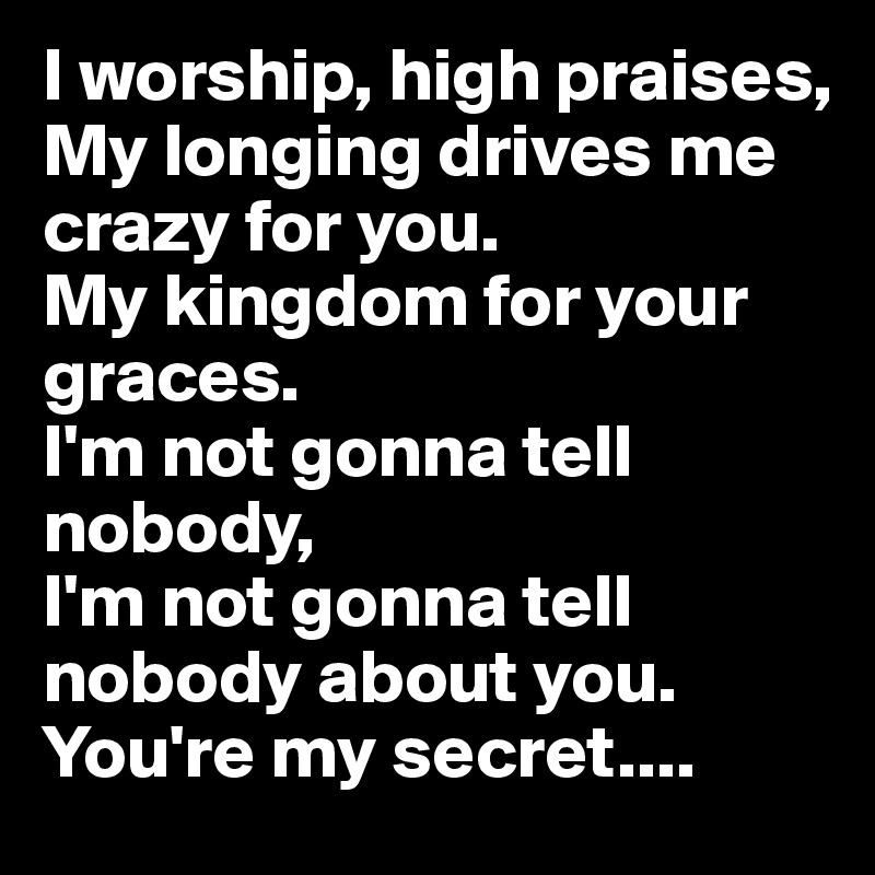 I worship, high praises,
My longing drives me crazy for you.
My kingdom for your graces.
I'm not gonna tell nobody,
I'm not gonna tell nobody about you.
You're my secret....