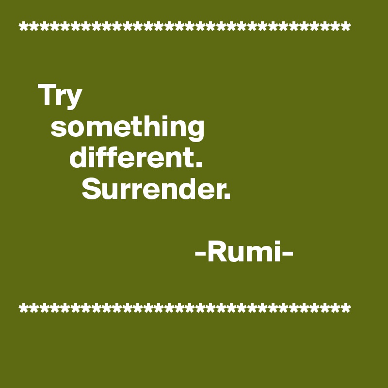 ********************************
    
   Try 
     something
        different.
          Surrender.
                                   
                            -Rumi-

********************************
            