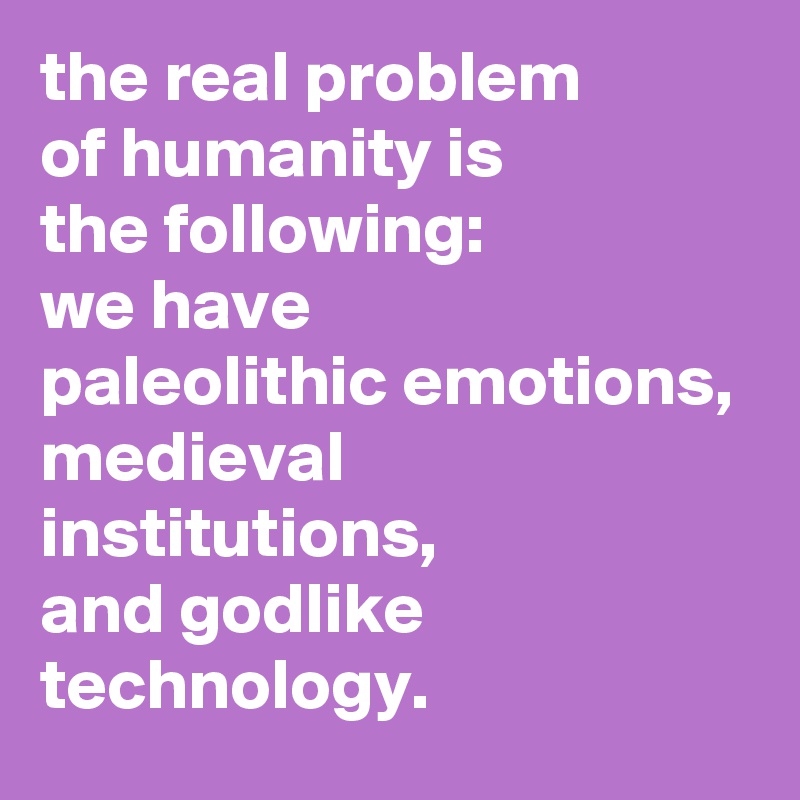 the real problem
of humanity is
the following:
we have
paleolithic emotions,
medieval institutions,
and godlike technology.