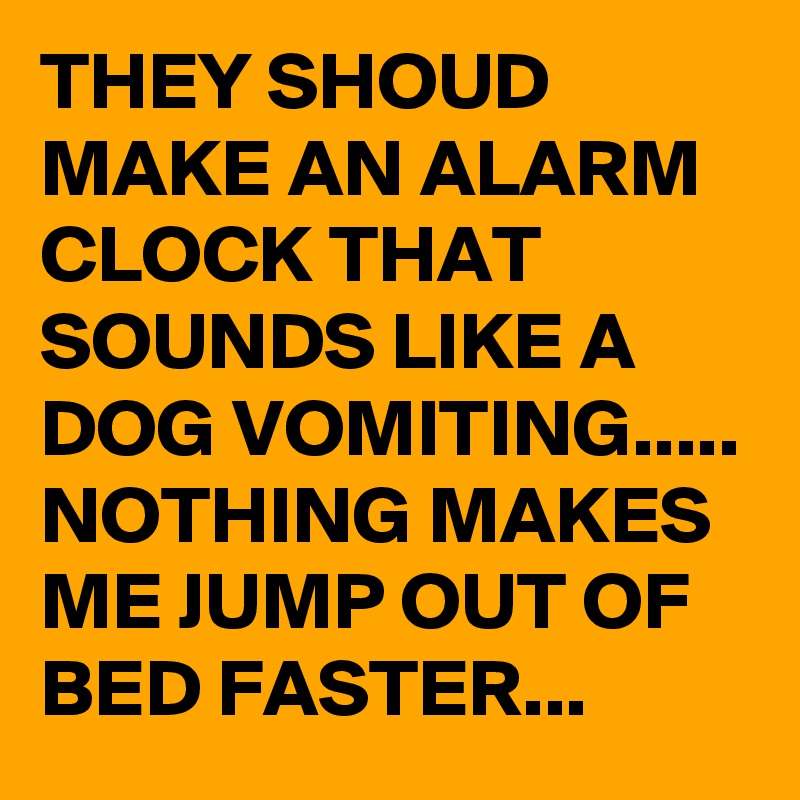 THEY SHOUD MAKE AN ALARM CLOCK THAT SOUNDS LIKE A DOG VOMITING.....
NOTHING MAKES ME JUMP OUT OF BED FASTER...
