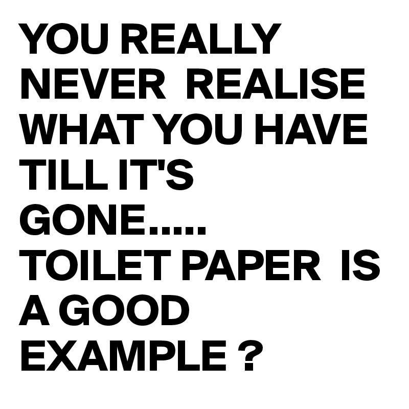 YOU REALLY NEVER  REALISE WHAT YOU HAVE TILL IT'S GONE.....
TOILET PAPER  IS A GOOD EXAMPLE ? 
