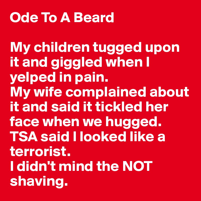 Ode To A Beard

My children tugged upon it and giggled when I yelped in pain. 
My wife complained about it and said it tickled her face when we hugged. 
TSA said I looked like a terrorist. 
I didn't mind the NOT shaving. 
