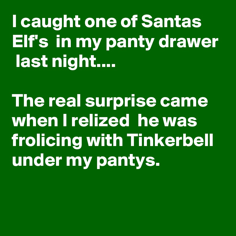 I caught one of Santas Elf's  in my panty drawer  last night....

The real surprise came when I relized  he was frolicing with Tinkerbell  under my pantys.

