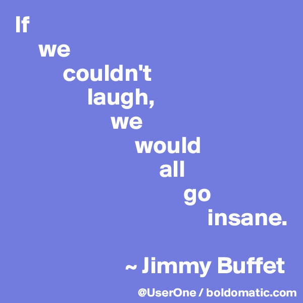 If
     we
          couldn't
               laugh,
                    we
                         would
                              all
                                   go
                                        insane.

                       ~ Jimmy Buffet