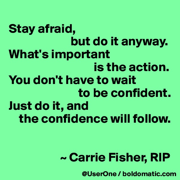 
Stay afraid,
                        but do it anyway.
What's important
                                 is the action.
You don't have to wait
                           to be confident.
Just do it, and
    the confidence will follow.


                    ~ Carrie Fisher, RIP