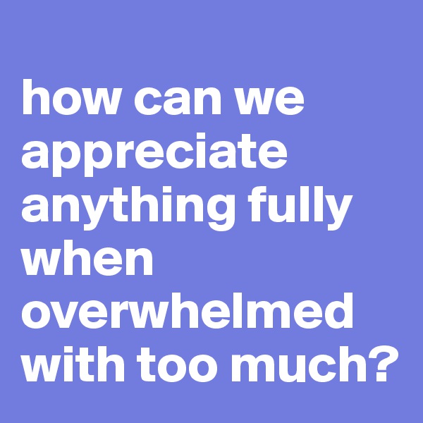 
how can we appreciate anything fully when overwhelmed with too much?