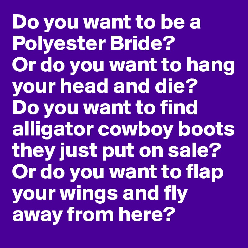 Do you want to be a Polyester Bride?
Or do you want to hang your head and die?
Do you want to find alligator cowboy boots they just put on sale?
Or do you want to flap your wings and fly away from here?
