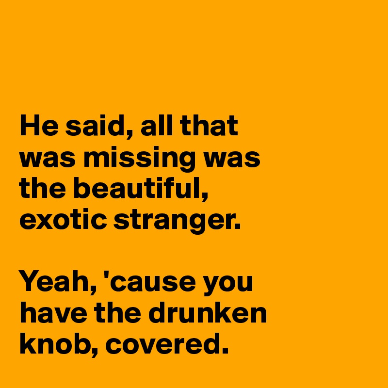 


He said, all that 
was missing was 
the beautiful, 
exotic stranger.

Yeah, 'cause you 
have the drunken 
knob, covered. 