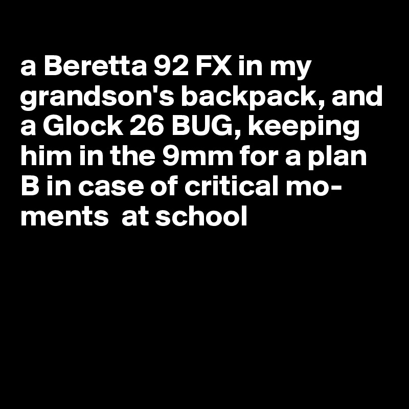 
a Beretta 92 FX in my grandson's backpack, and a Glock 26 BUG, keeping him in the 9mm for a plan B in case of critical mo-ments  at school




