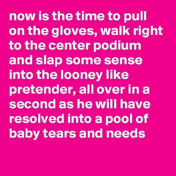 now is the time to pull on the gloves, walk right to the center podium and slap some sense into the looney like pretender, all over in a second as he will have resolved into a pool of baby tears and needs
