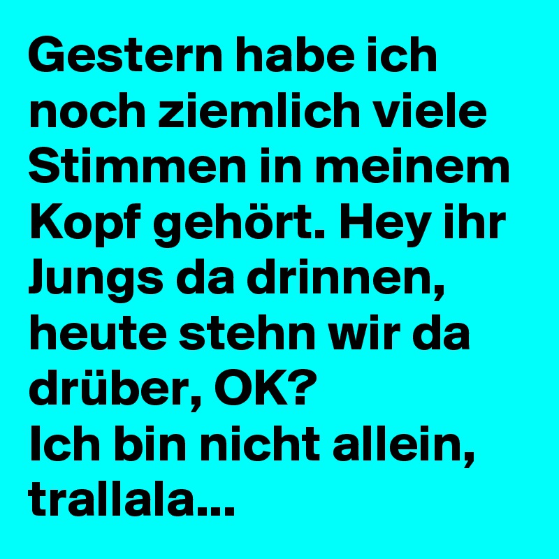 Gestern habe ich noch ziemlich viele Stimmen in meinem Kopf gehört. Hey ihr Jungs da drinnen, heute stehn wir da drüber, OK? 
Ich bin nicht allein, trallala... 