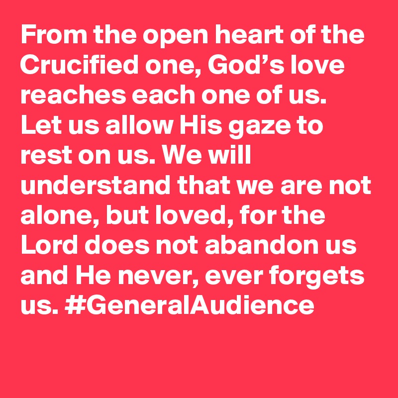 From the open heart of the Crucified one, God’s love reaches each one of us. Let us allow His gaze to rest on us. We will understand that we are not alone, but loved, for the Lord does not abandon us and He never, ever forgets us. #GeneralAudience