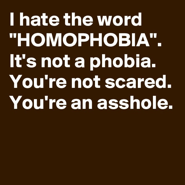 I hate the word "HOMOPHOBIA". It's not a phobia.
You're not scared.
You're an asshole. 

