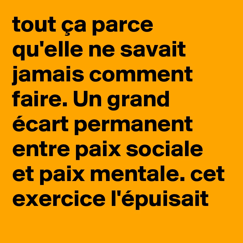 tout ça parce qu'elle ne savait jamais comment faire. Un grand écart permanent entre paix sociale et paix mentale. cet exercice l'épuisait