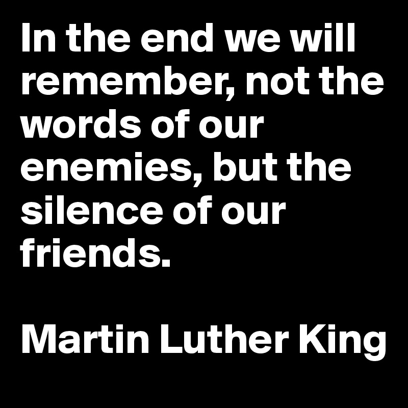 In the end we will remember, not the words of our enemies, but the silence of our friends. 

Martin Luther King