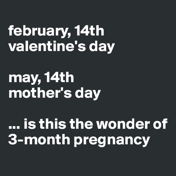 
february, 14th
valentine's day

may, 14th
mother's day

... is this the wonder of 3-month pregnancy
