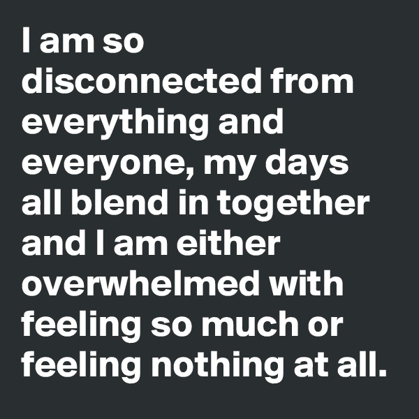 I am so disconnected from everything and everyone, my days all blend in together and I am either overwhelmed with feeling so much or feeling nothing at all.