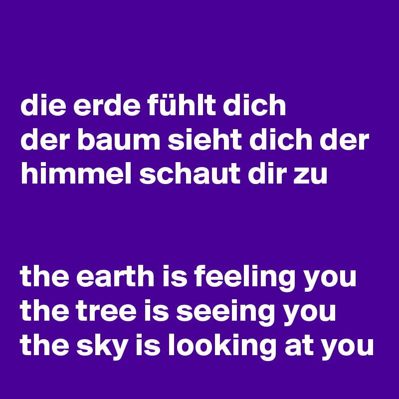 

die erde fühlt dich
der baum sieht dich der himmel schaut dir zu


the earth is feeling you
the tree is seeing you the sky is looking at you