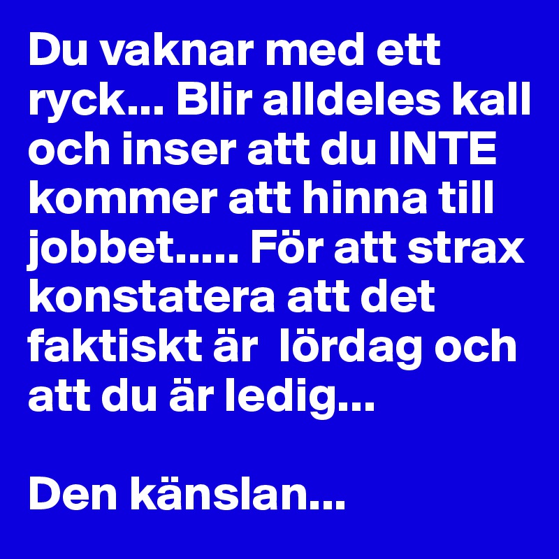 Du vaknar med ett ryck... Blir alldeles kall och inser att du INTE kommer att hinna till jobbet..... För att strax  konstatera att det faktiskt är  lördag och att du är ledig... 

Den känslan...