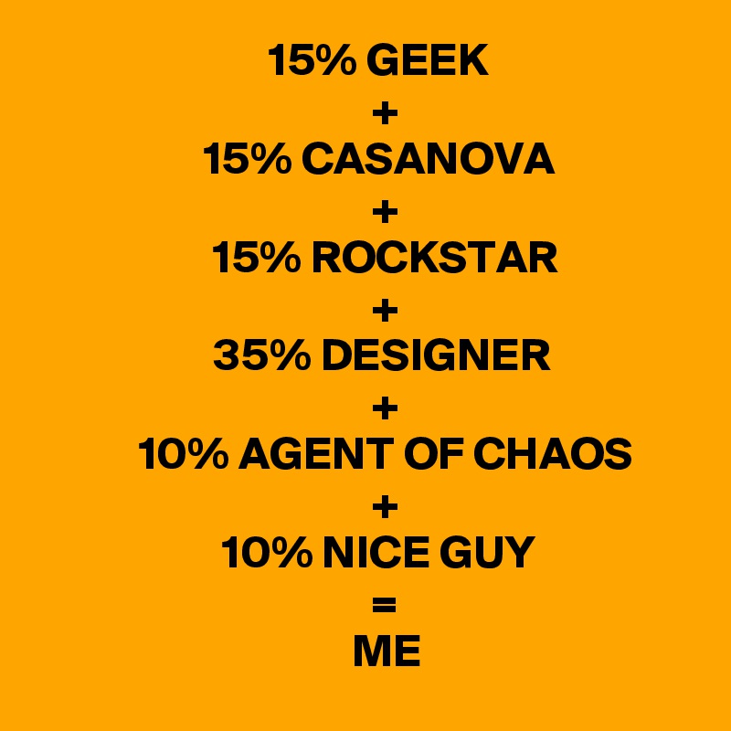                          15% GEEK
                                    +
                  15% CASANOVA
                                    +
                   15% ROCKSTAR
                                    +
                   35% DESIGNER
                                    +
           10% AGENT OF CHAOS
                                    +
                    10% NICE GUY
                                    =
                                  ME
