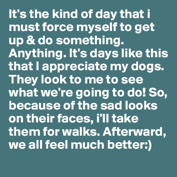 It's the kind of day that i must force myself to get up & do something. Anything. It's days like this that I appreciate my dogs. They look to me to see what we're going to do! So, because of the sad looks on their faces, i'll take them for walks. Afterward, we all feel much better:)