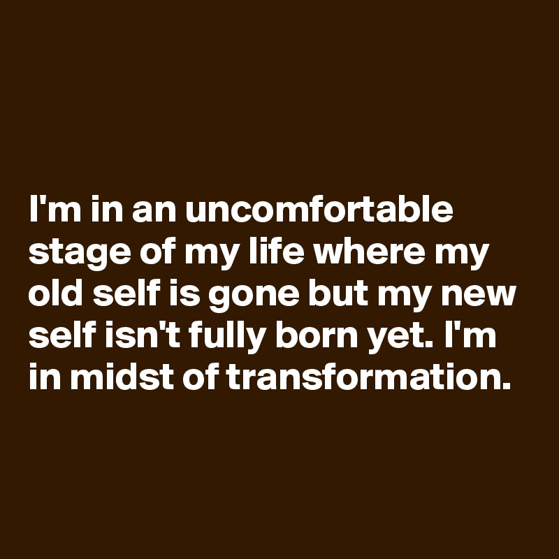 


I'm in an uncomfortable stage of my life where my old self is gone but my new self isn't fully born yet. I'm in midst of transformation.


