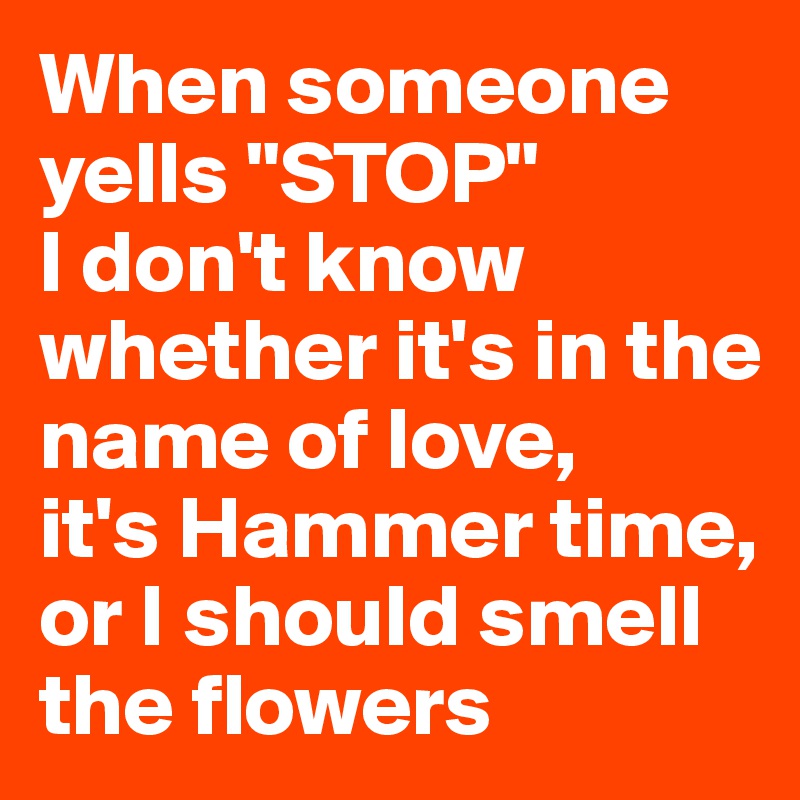 When someone yells "STOP"
I don't know whether it's in the name of love, 
it's Hammer time, or I should smell the flowers