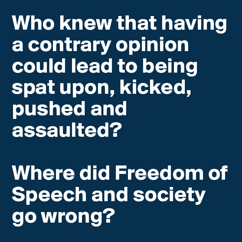 Who knew that having a contrary opinion could lead to being spat upon, kicked, pushed and assaulted?

Where did Freedom of Speech and society go wrong?