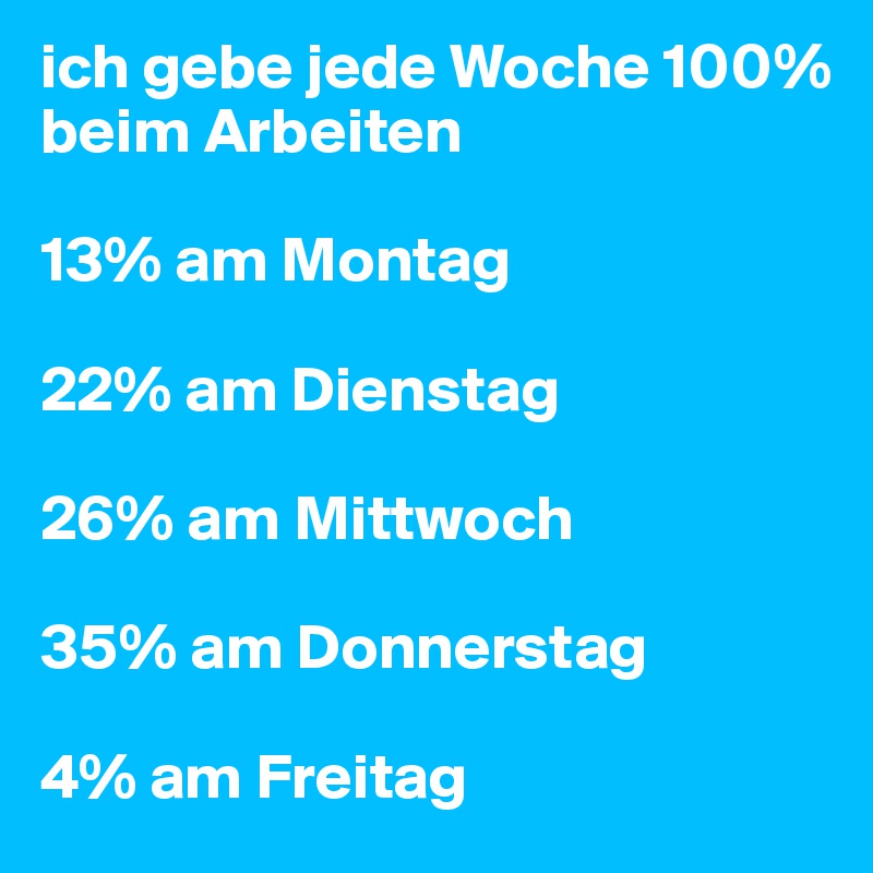 ich gebe jede Woche 100% beim Arbeiten

13% am Montag

22% am Dienstag

26% am Mittwoch

35% am Donnerstag

4% am Freitag