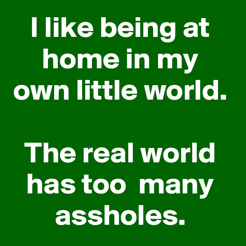 I like being at home in my own little world. 
The real world has too  many assholes.