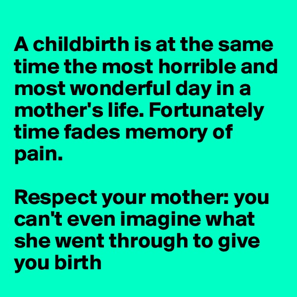 
A childbirth is at the same time the most horrible and most wonderful day in a mother's life. Fortunately time fades memory of pain. 

Respect your mother: you can't even imagine what she went through to give you birth