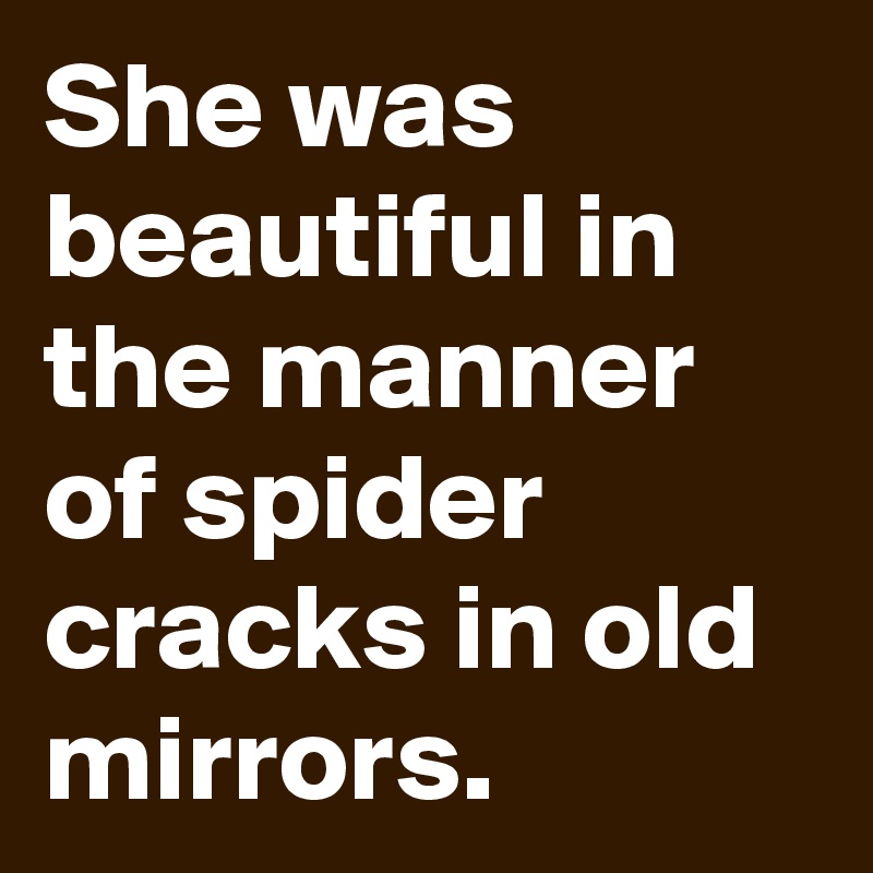 She was beautiful in the manner of spider cracks in old mirrors.