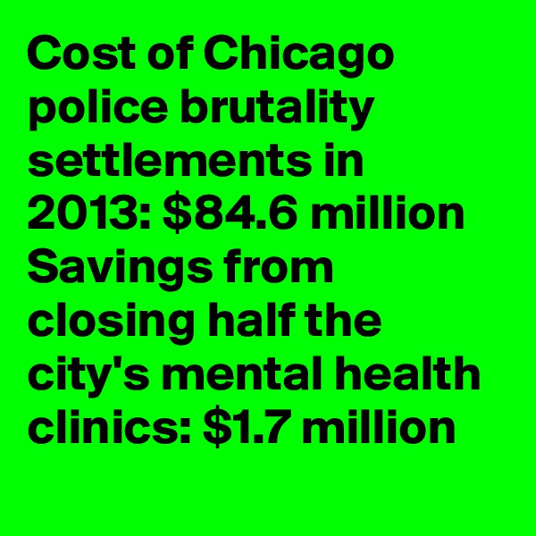 Cost of Chicago police brutality settlements in 2013: $84.6 million
Savings from closing half the city's mental health clinics: $1.7 million