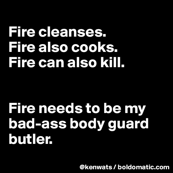 
Fire cleanses. 
Fire also cooks. 
Fire can also kill. 


Fire needs to be my bad-ass body guard butler. 
