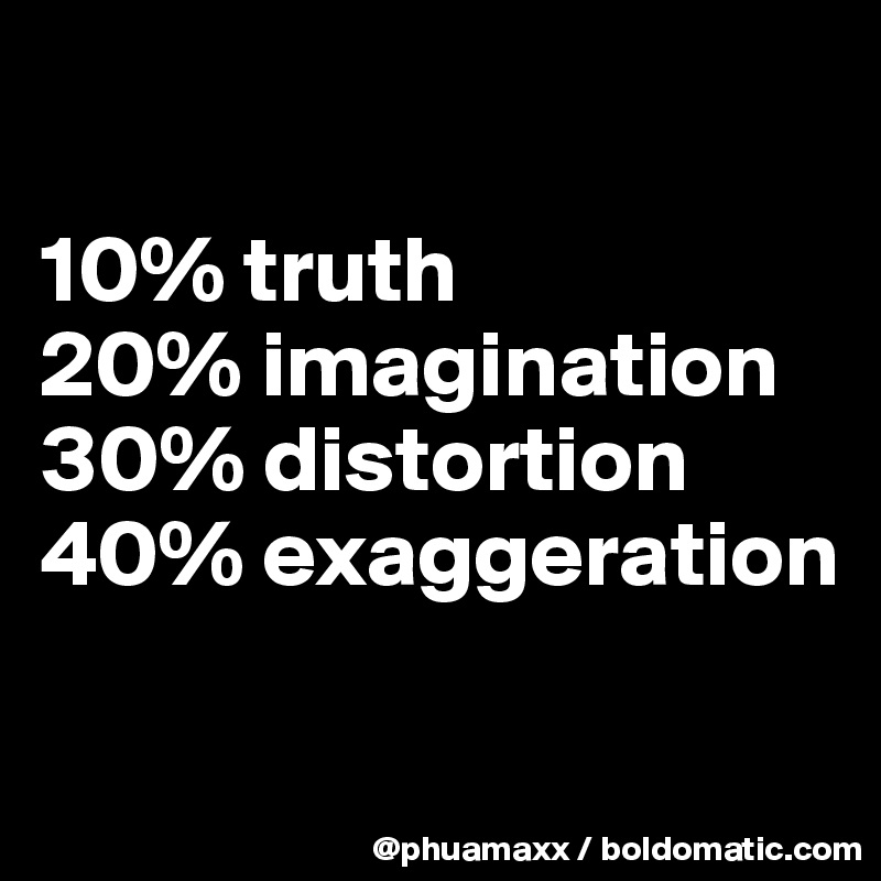 

10% truth 
20% imagination
30% distortion 
40% exaggeration

