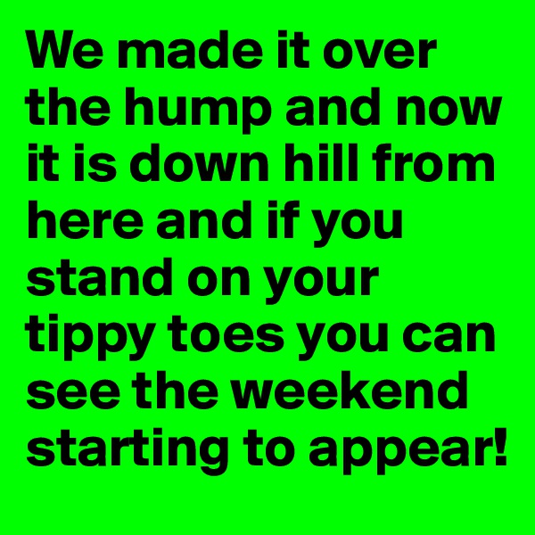 We made it over the hump and now it is down hill from here and if you stand on your tippy toes you can see the weekend starting to appear!