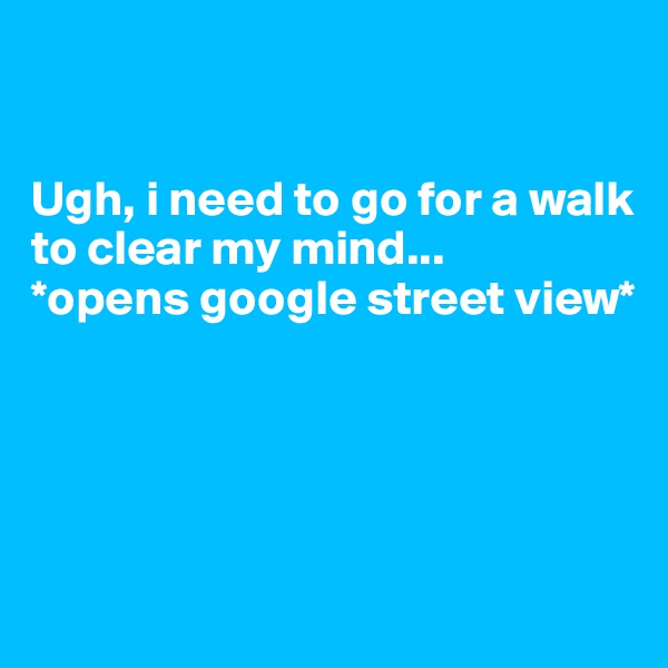 


Ugh, i need to go for a walk to clear my mind... 
*opens google street view*




