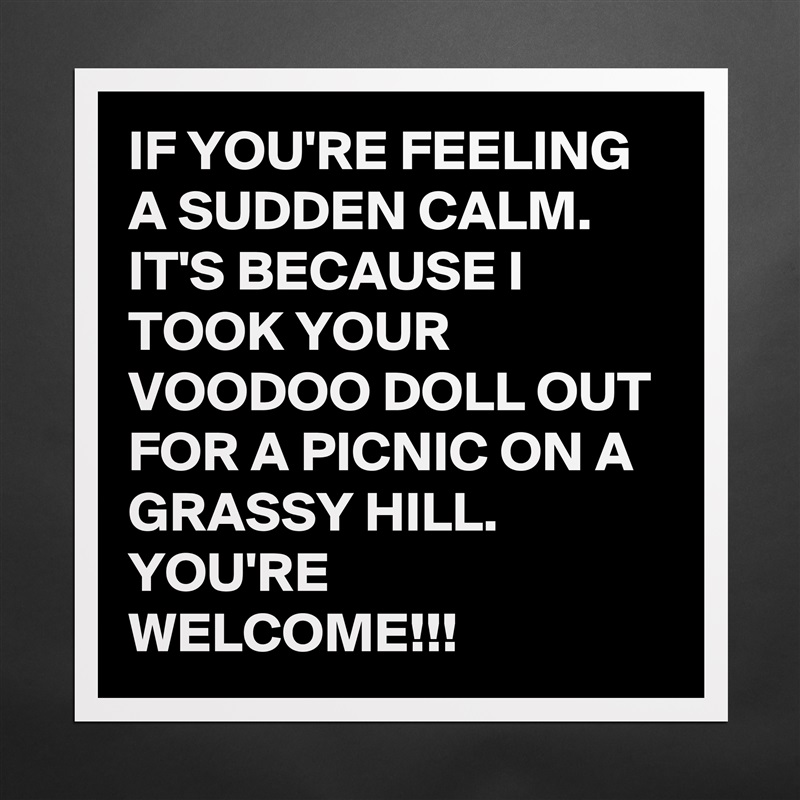 IF YOU'RE FEELING A SUDDEN CALM. IT'S BECAUSE I TOOK YOUR VOODOO DOLL OUT FOR A PICNIC ON A GRASSY HILL.          YOU'RE WELCOME!!! Matte White Poster Print Statement Custom 