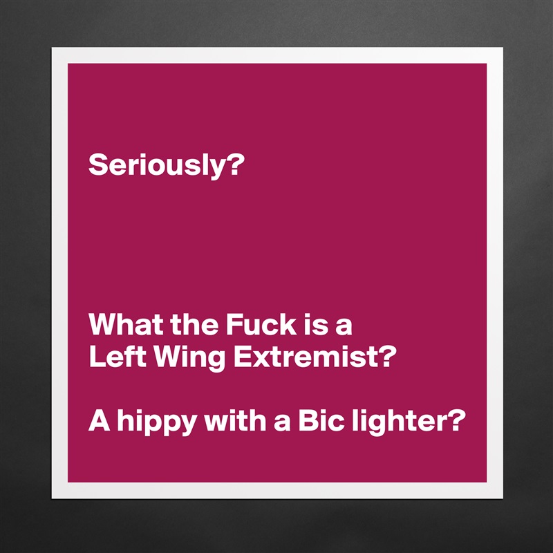 

Seriously?  




What the Fuck is a 
Left Wing Extremist?

A hippy with a Bic lighter? Matte White Poster Print Statement Custom 