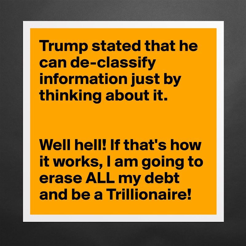 Trump stated that he can de-classify information just by thinking about it. 


Well hell! If that's how it works, I am going to erase ALL my debt and be a Trillionaire! Matte White Poster Print Statement Custom 