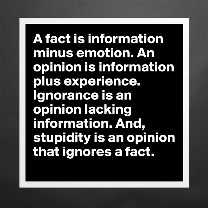 A fact is information minus emotion. An opinion is information plus experience. Ignorance is an opinion lacking information. And, stupidity is an opinion that ignores a fact. Matte White Poster Print Statement Custom 